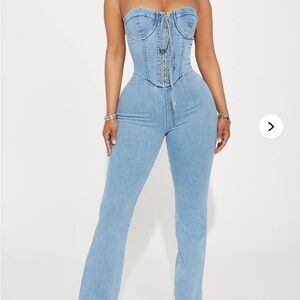 Fashion Nova Light Blue Corset Bell Bottom Jumpsuit